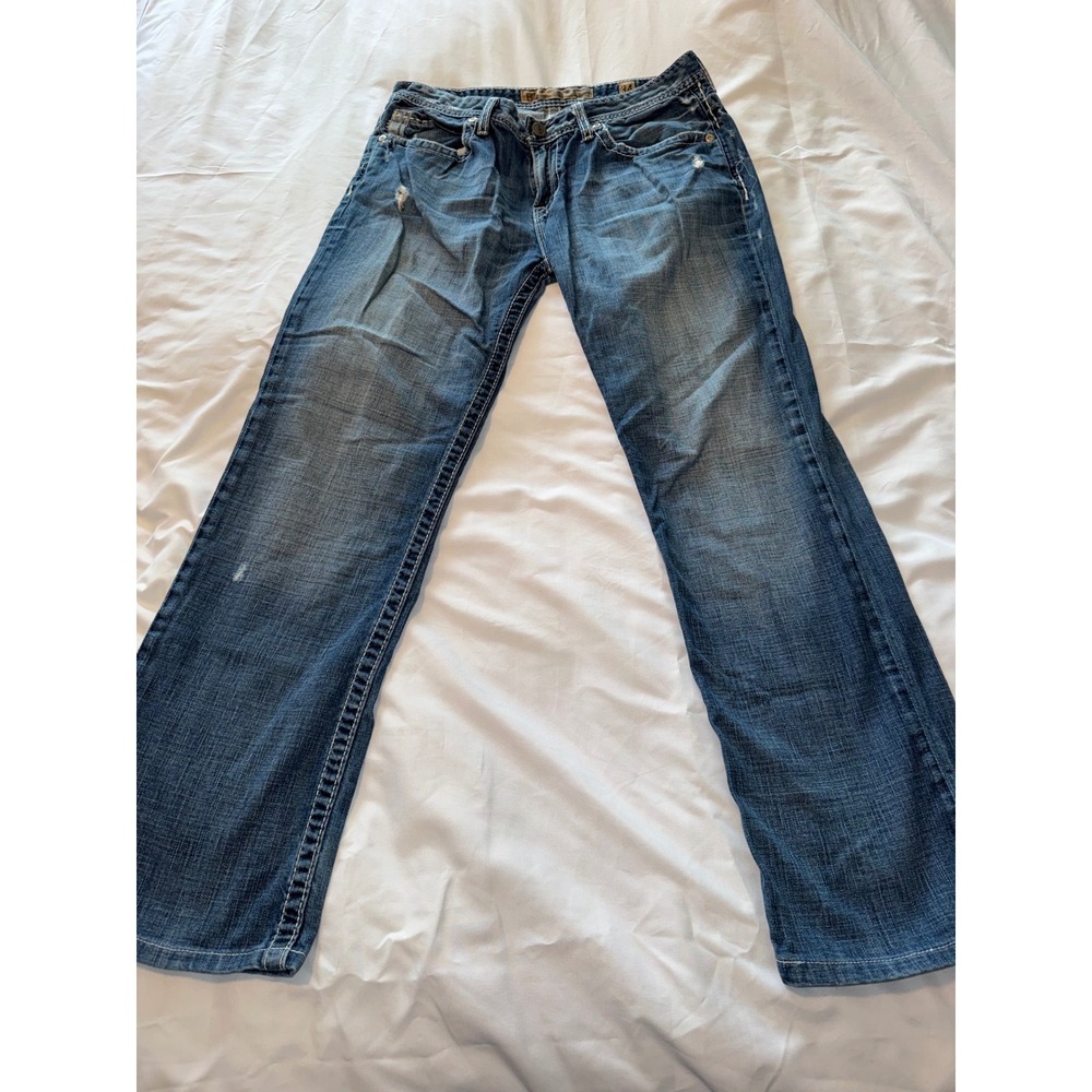 BKE Aiden Straight Leg Jeans Mens 34 Medium Wash Distressed Thick Stitch Denim